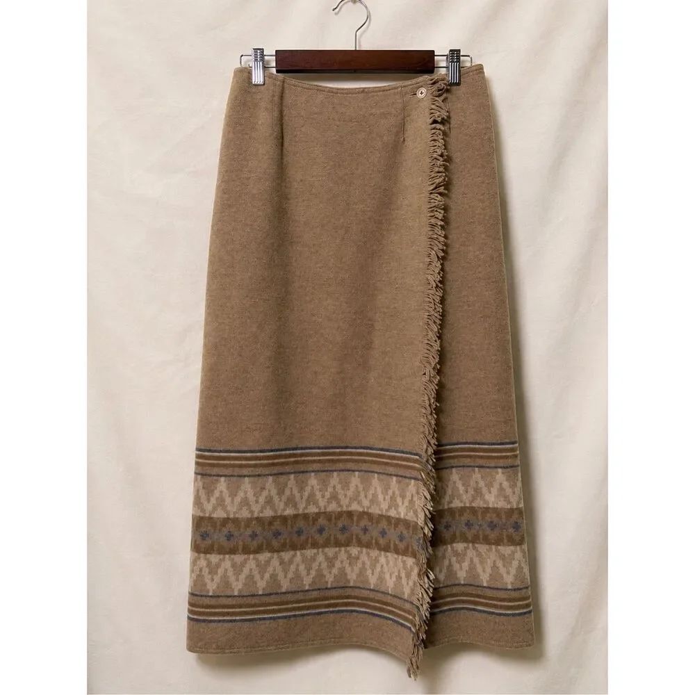 Lizsport Wool Blend Fringe Wrap Skirt Tan Southwestern Aztec Size 6 Midi